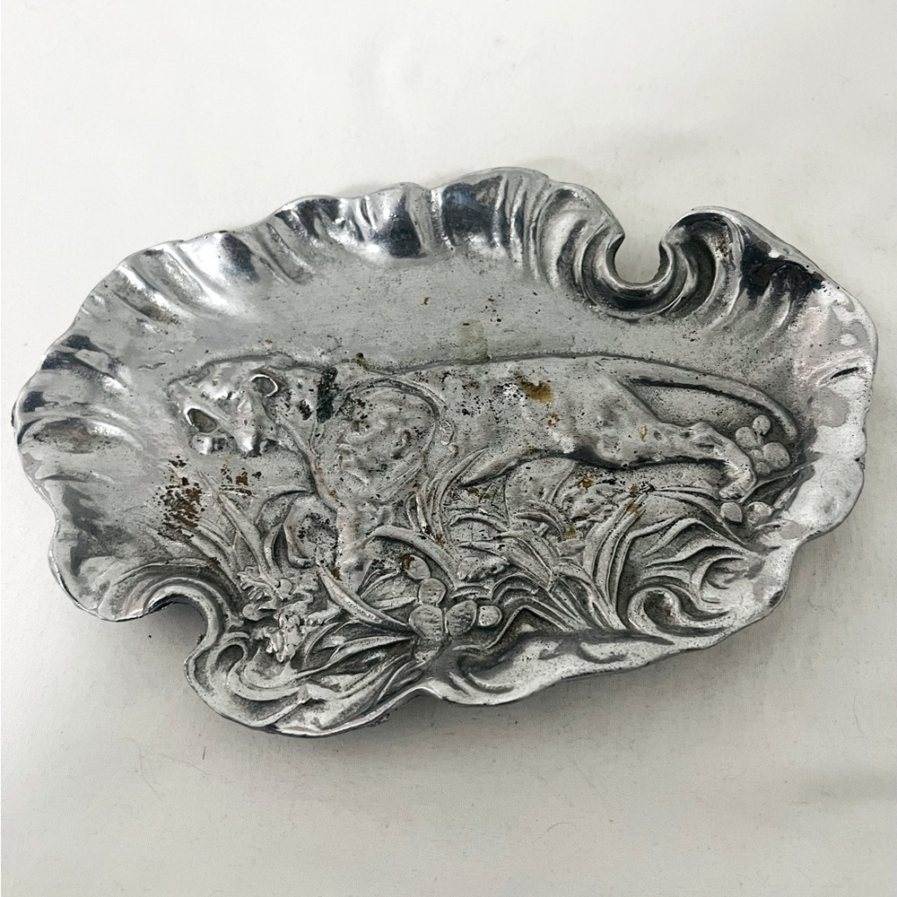 Antique President Teddy Roosevelt Tiger Prowling Through Grass Tray Trinket Dish